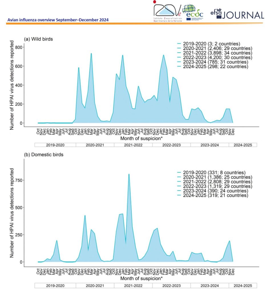 Figura 1: Distribución de la cantidad de detecciones de virus IAAP en aves silvestres (a) y domésticas (b) notificadas en Europa durante seis años epidemiológicos por mes de sospecha, desde el 1 de octubre de 2019 hasta el 6 de diciembre de 2024 (total n = 18,143). Este gráfico muestra la evolución temporal de la enfermedad.