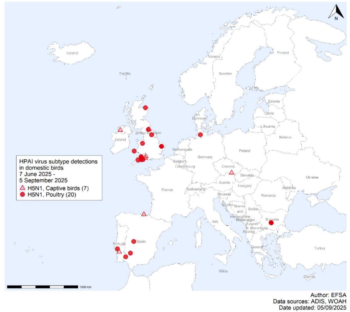 Distribución geográfica, basada en las geocoordenadas disponibles, de las detecciones del virus de IAAP (influenza aviar altamente patógena) en aves de corral y cautivas (27) reportadas por subtipo de virus en Europa desde el 7 de junio al 5 de septiembre de 2025. Fuente: EFSA