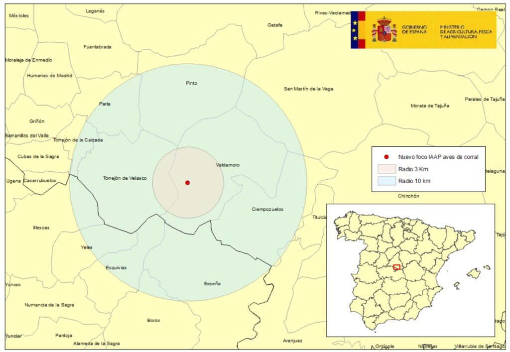 Localización del nuevo foco del 1 octubre 2025 de IAAP en aves de corral en Valdemoro, provincia de Madrid.