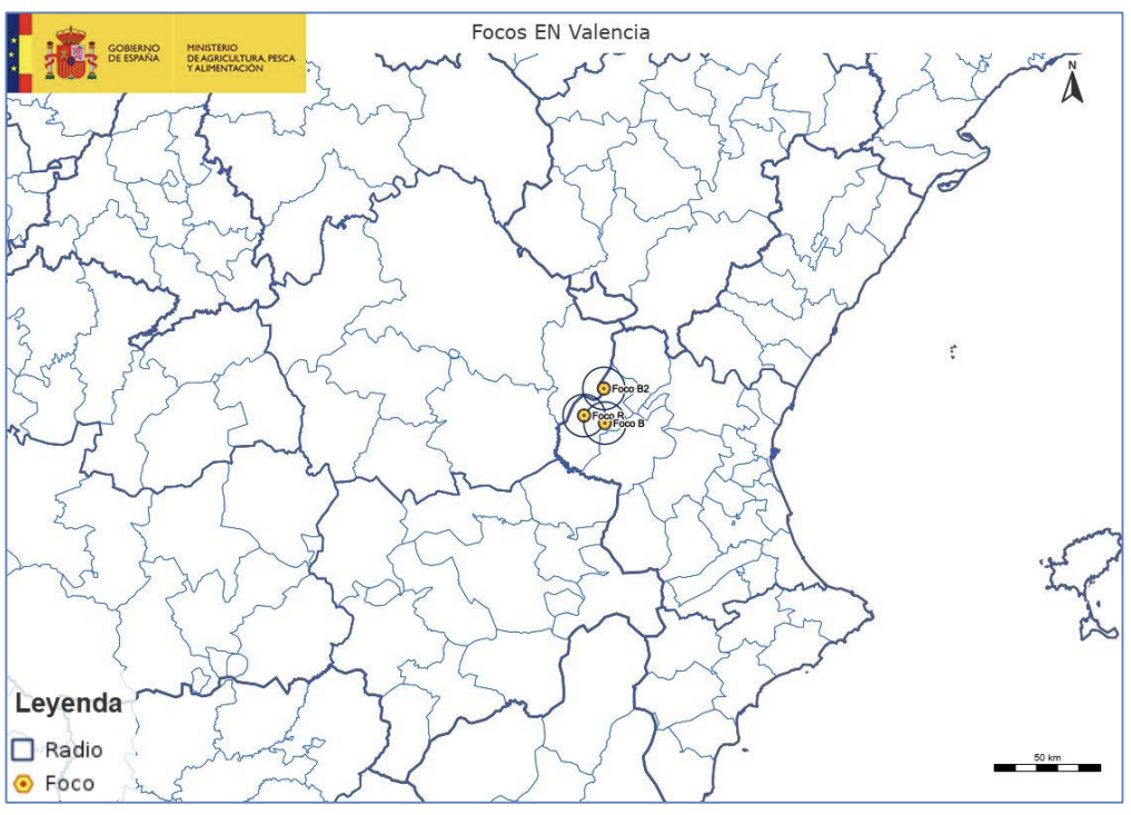 Mapa: Localización de los 3 focos de enfermedad de Newcastle detectados en la comarca de Utiel, en la
provincia de Valencia. Actualizado 2 oct. 2026.