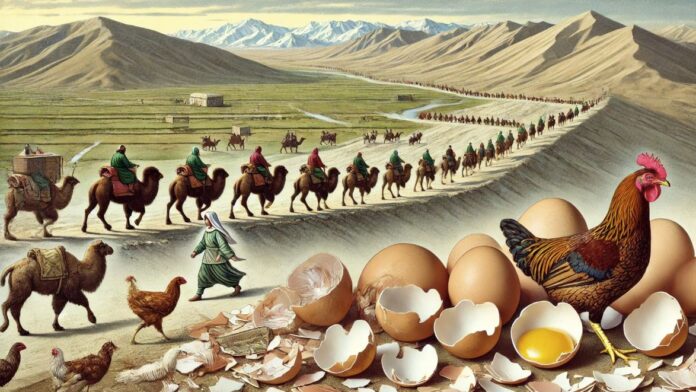 aves de corral pudieron llegar a Europa por la ruta de la seda Imagen realizada con IA por NeXusAvicultura.com