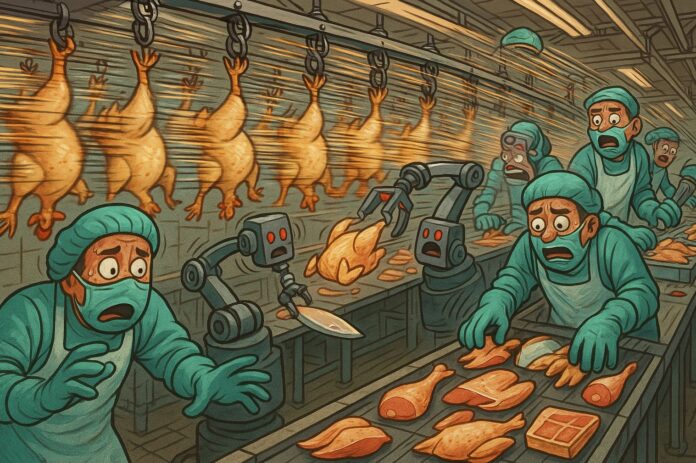planta-procesado-pollo-cuanto-puede-aumentarse-la-velocidad-de-las-lineas-Imagen-creada-por-NeXusAvicultura-20504002 ¿Hasta cuanto puede aumentarse la velocidad de las líneas de sacrificio sin afectar a la seguridad laboral ni a la seguridad alimentaria? © de la imagen: NeXusAvicultura
